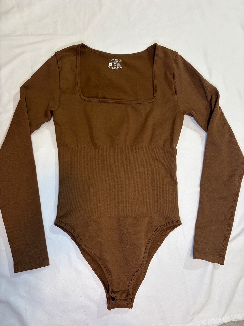 Chocolate Brown Square Neck Long Sleeve Gym Bodysuit Onesie Fitted Active Tight